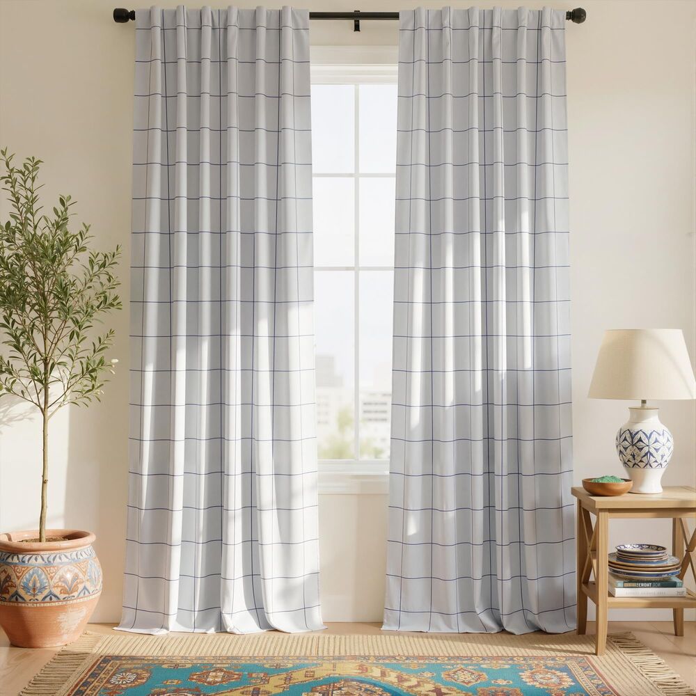 W52 x L80, 2 Panels, 100% Blackout (Navy Blue Plaid Brighton Windowpane Pattern)